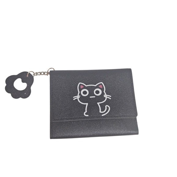 Cute Black Cat Trifold Wallet Coin Purse Card Holder Keychain Gift Kawaii - Picture 1 of 6